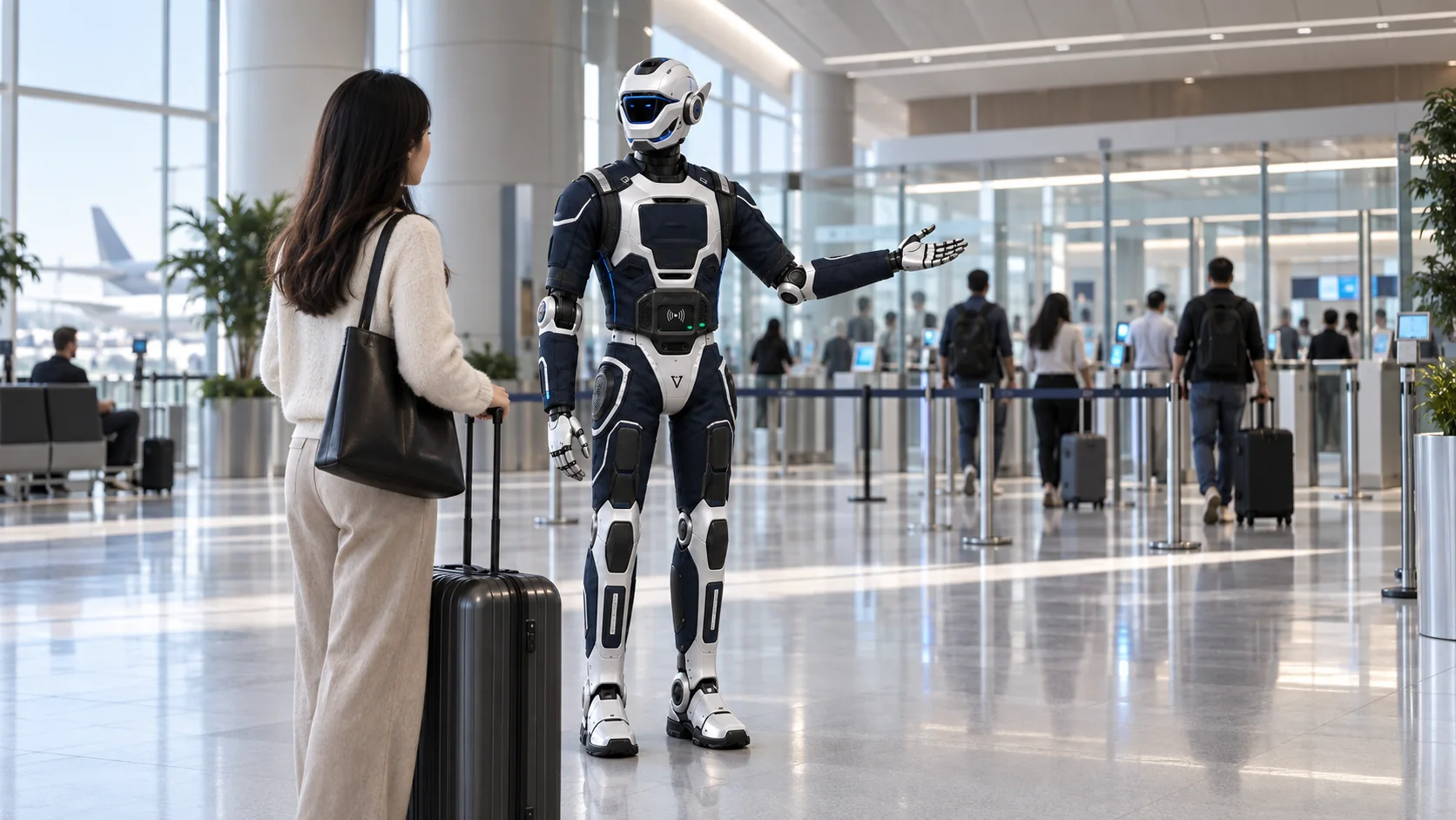 机场口岸环境中的 T800 机器人概念示意