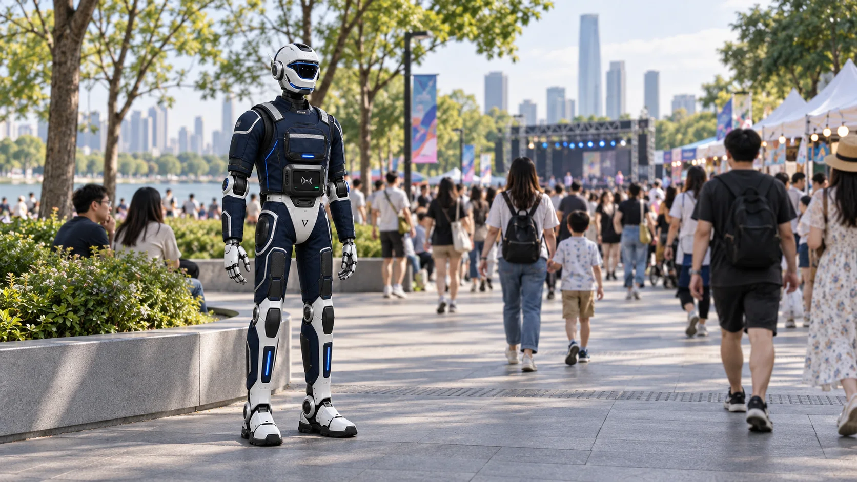 人群聚集活动场地中的 T800 机器人概念示意